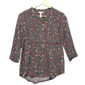 Matilda‎ Jane Womens Top S Gray Ditzy Floral Pintuck Button Front Tunic Blouse